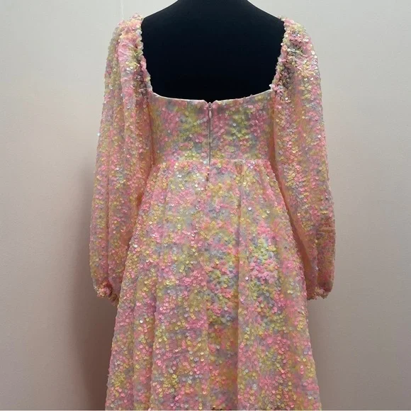 Selkie- Rainbow Sequin Princess Gown Size XS 3/4 Sleeve Sweetheart Maxi Dress - Picture 13 of 16